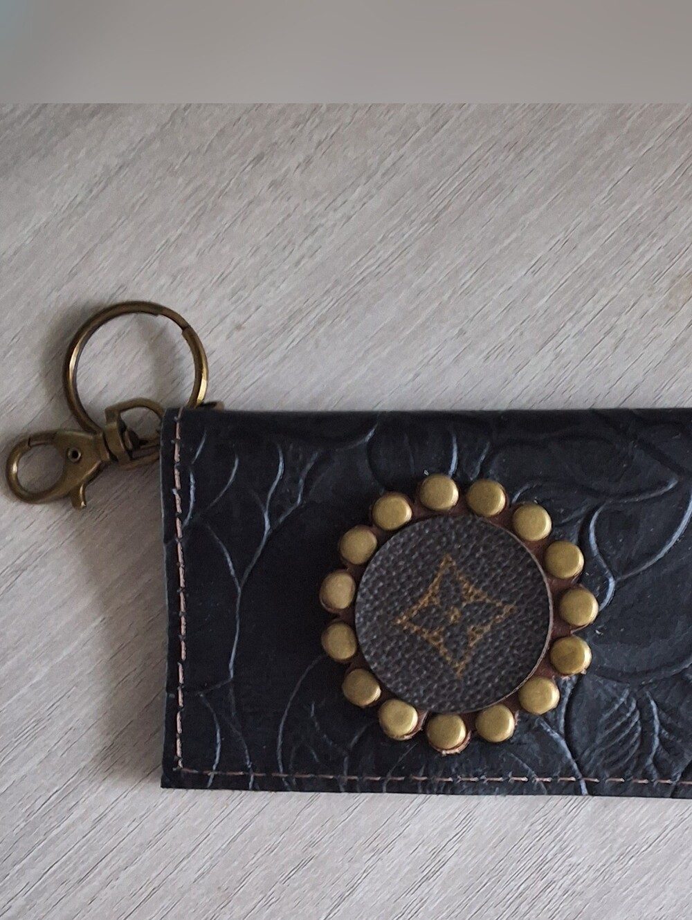 Trendy Upcycled Leather Keychain/Card Holder with Embossed Leather Emblem - NWT